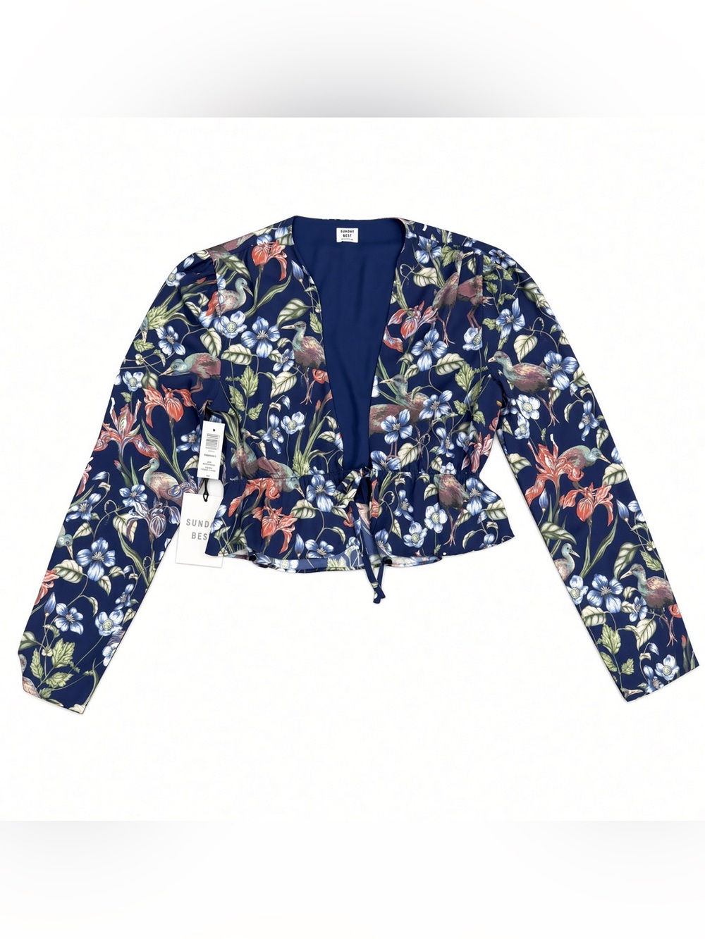 NWT Sunday Best Navy Floral Cropped Tie-Front Blazer